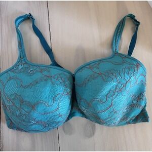 42DDD Vintage Cacique Lane Bryant Deep Plunge Bra Nylon‎ TURQUOISE Lace EUC